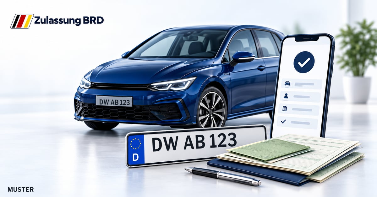 Online Fahrzeugzulassung in Bannewitz: Musterkennzeichen DW AB 123, Auto und Fahrzeugpapiere und Smartphone. Illustration mit Logo von Zulassung BRD.